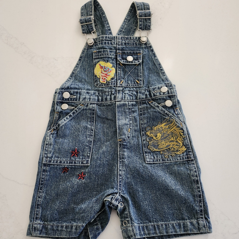 Ed Hardy Blue Denim Kids Overalls with Embroidery
